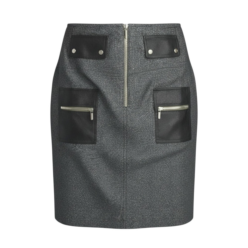 Yansi Fugel Black Tweed Pencil Skirt with Faux Leather Pockets and Zipper‎ Sz 10